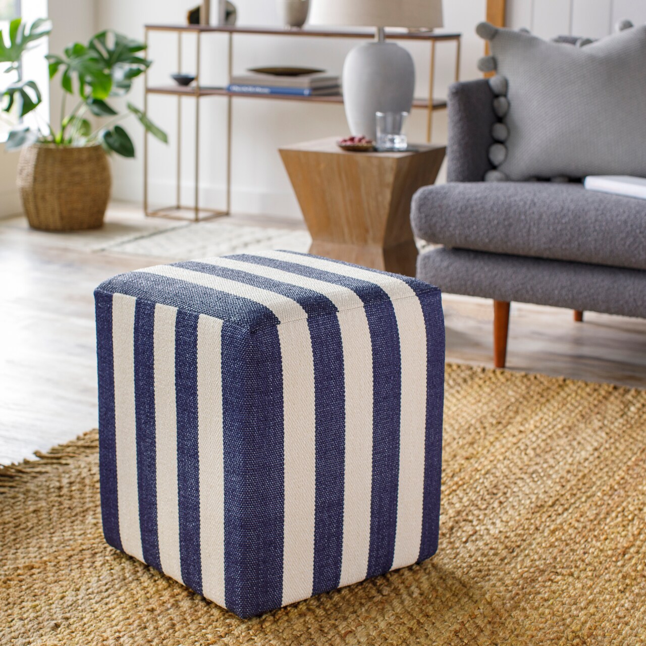 Diva At Home 16" Ivory White and Denim Blue PVC and Cotton Pouf Ottoman